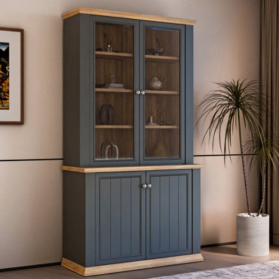 Rosswell Modern cottage style display cabinet with 4 doors, engineered wood, light grey/light oak decor, 109.1 cm W x 202.1 cm H x 43.3 cm D