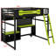 Lit mezzanine en bois avec bureau intégré, tablettes de rangement, lumières DEL, ports de chargement USB et panneau perforé