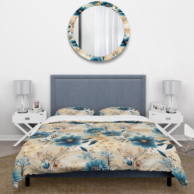 Literie à fleurs beige et bleue, Housse de couette simple + 1 taie décorative stan