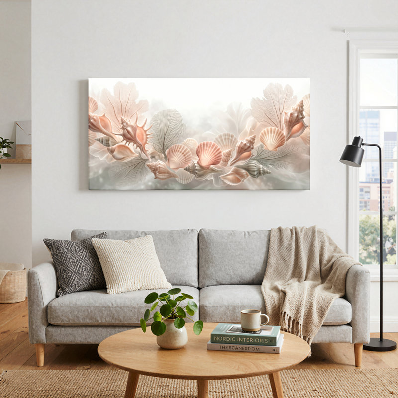 Ensemble de 1 tableau sur toile à motif floral et coquillage, L 32 po x H 16 po, Toile tendue