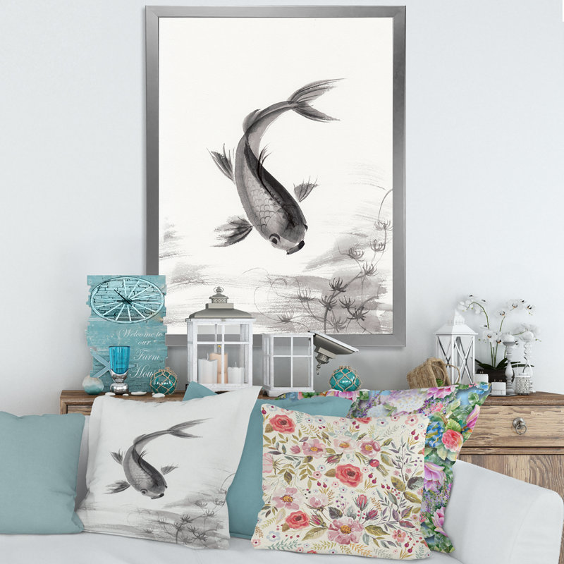 " Monochrome Vintage Fish I " Painting Print, 40" H x 30" W x 1.5" D, Silver Framed Canvas