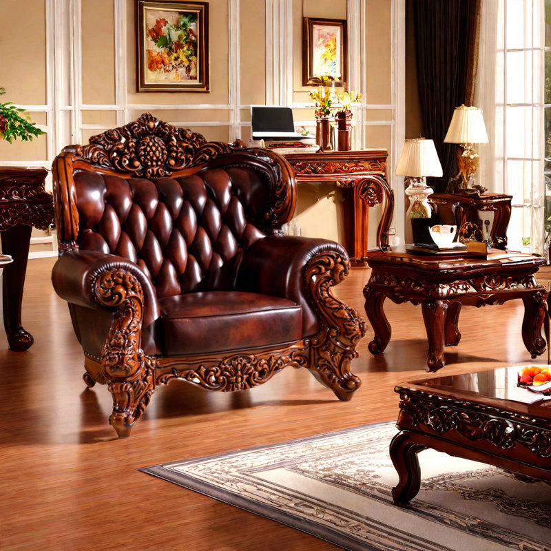 Fauteuil de salon en bois massif avec fauteuil en cuir de vache de 50,79 po de largeur