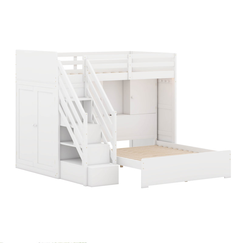 Lit superposé simple au dessus d'un lit double avec escalier, structure de lit superposé en L en bois massif avec garde-robe, USB et lumière
