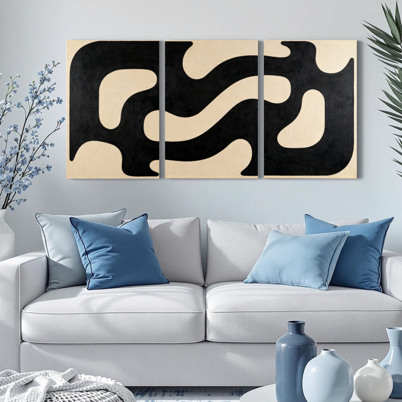 Ensemble de 3 tableaux abstraits à motifs de vagues noires et beiges sur toile tendue, H 30 po x l 60 po