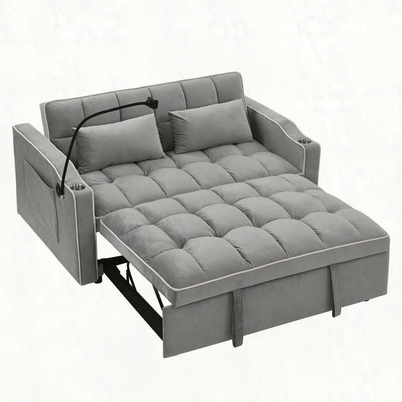 55.51 inch versatile foldable sofa bed in 3 lengths, modern sofa sofa sofa velvet pull-out bed, adjustable back and with USB port and ashtray and swivel phone stand