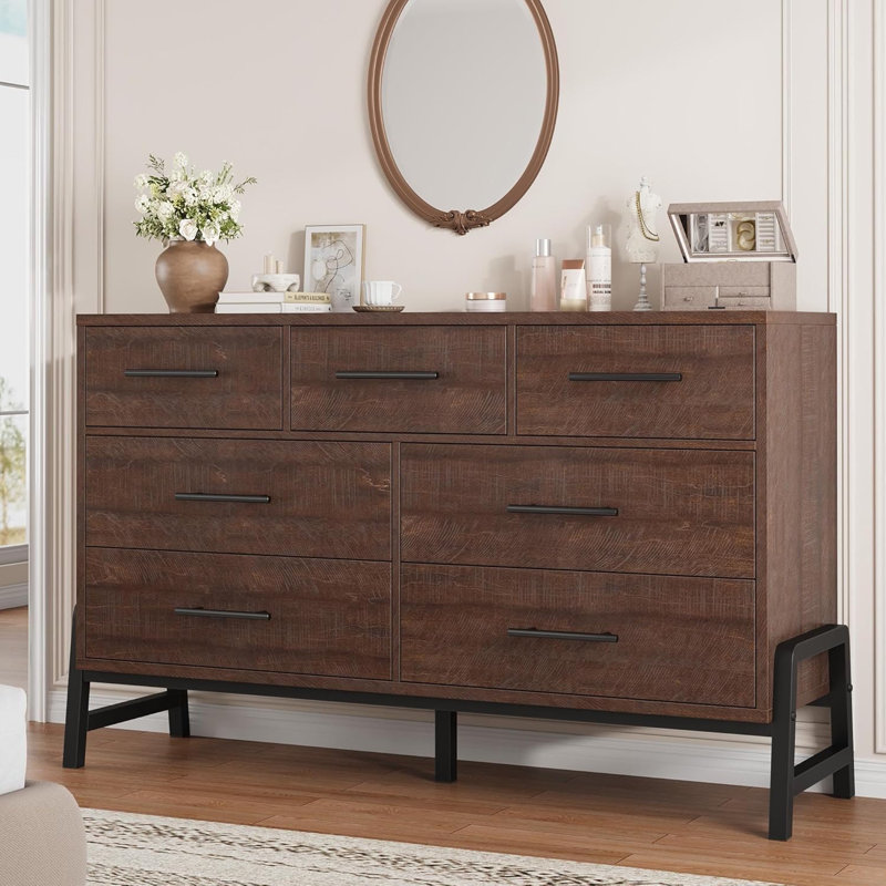 Fabric Storage Dresser, Wooden Frame with Oak Finish and Black Accents, 52 Inches Wide, 7-Drawer Chest for Bedroom, Living Room, or Entryway, Modern Style
