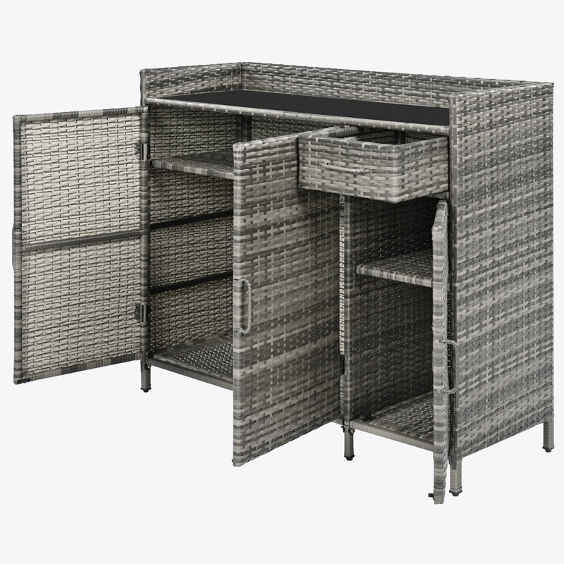 47.5"W Wicker Outdoor Storage Cabinet with Tempered Glass Desktop, Weather-proof Rattan Bar Table, Gray