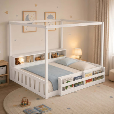 Lit de sol Montessori pleine grandeur avec cadre à baldaquin et rangement