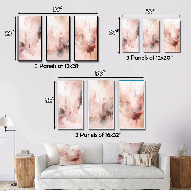3 pièces sur toile - marbre délicat abstrait rose, Toile tendue, H 28 po x l 36 po