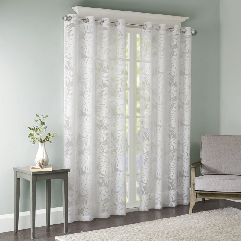 Leilani Palm Leaf Burnout Single Window Sheer, 50" W x 63" L, White
