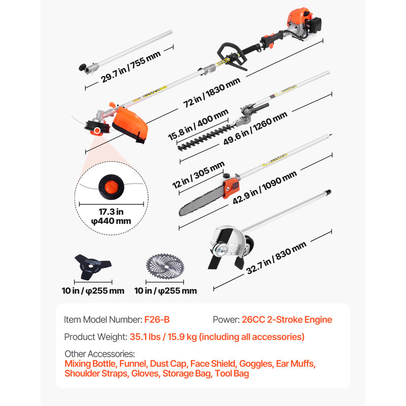 Gas Hedge Trimmer, 2 Cycle Gas Power Handheld Trimmer, 6-in-1 26cc Weed Eater with Extension Pole & Protective Gear Set, Includes Hedge & String Trimmer, Brush Cutter(3T & 40T), Edger, Pole Saw