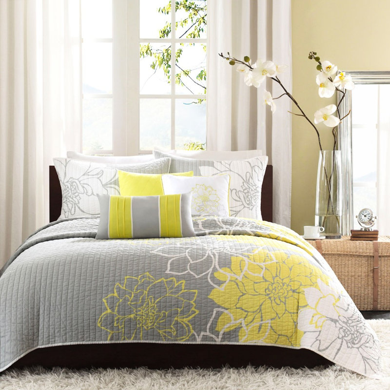 Couette en coton imprimé à motifs floraux jaunes et gris, format grand lit/queen, 6 pièces