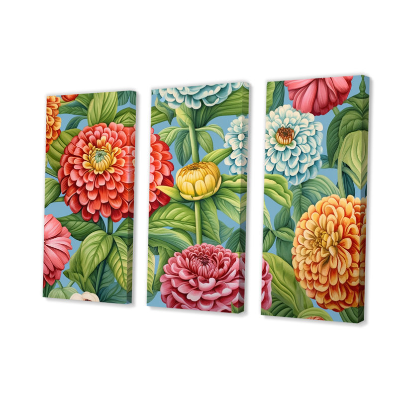 Coral Green Beautiful Florals - 3 pièces, H 28 po x l 36 po x P 1 po, Wrapped Canvas