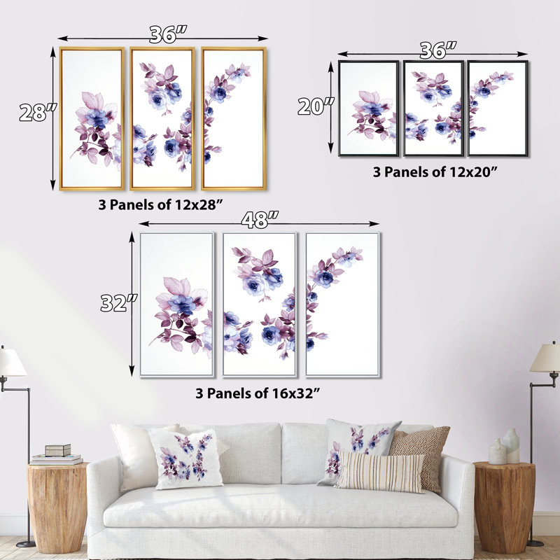 Aquarelle de fleurs - ensemble d'art mural sur toile encadré floral de 3, H 32 po x l 48 po x P 1 po, Blanc