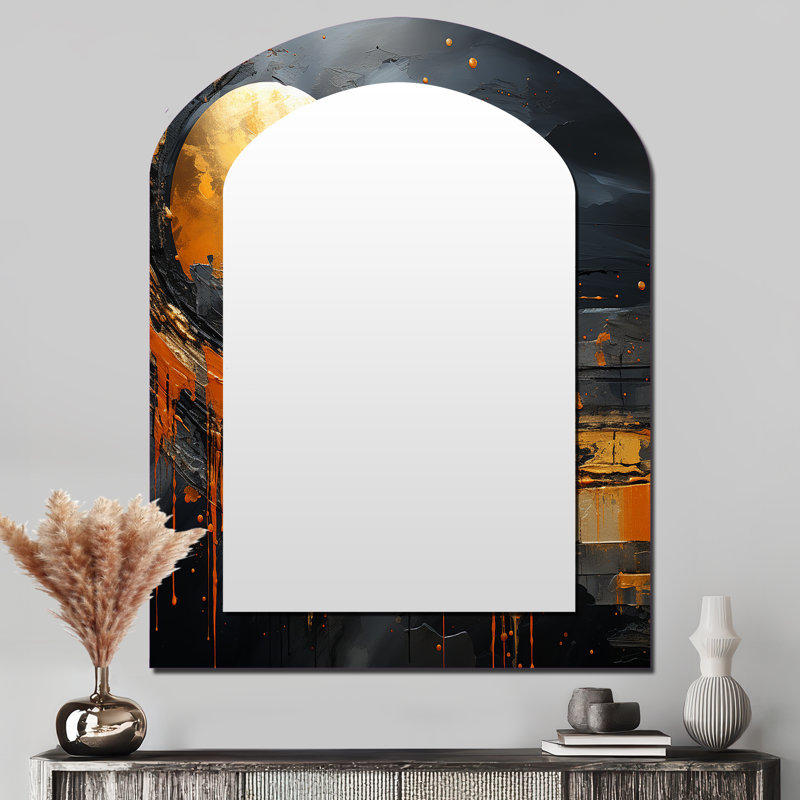 Miroir décoratif asymétrique en forme de lune noire et orange II, 43 po x 33 po