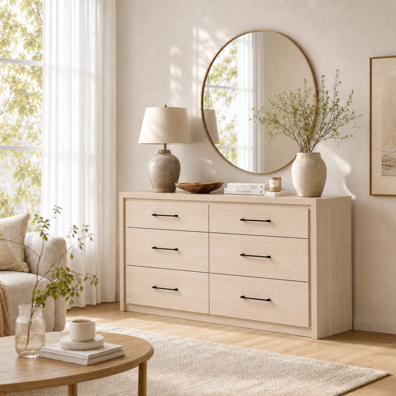 Lentz 152.4cm W 6 - Drawer Chest of Drawers, Ivory White/Black