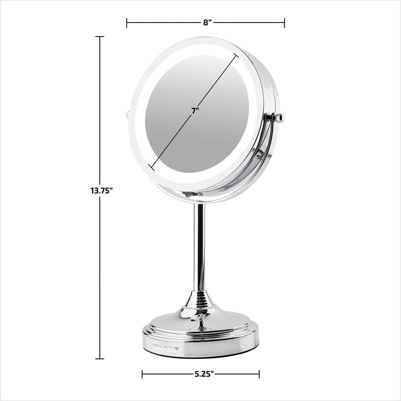 OVENTE 7'' Lighted Makeup Mirror with 1X/7X Magnification, Cordless Tabletop Mount Vanity Mirror with 360° Swivel Design & Double Sided Glow Cosmetic White LED Ring Light, Polished Chrome MCT70CH1X7X