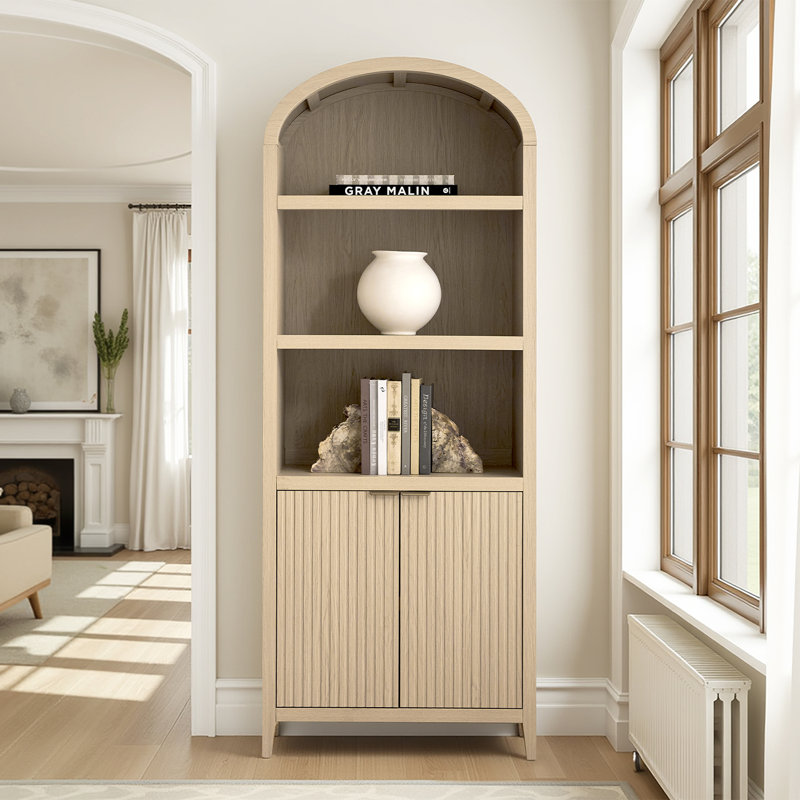 Francisco Modern 76"H Wood Finish Fluted Bookcase with Adjustable Open Shelves and Storage Cabinets, Natural