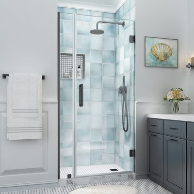 Belmore XL 29.25 - 30.25 in. x 80 in. Frameless Hinged Shower Door with Ultra-Bright  Glass