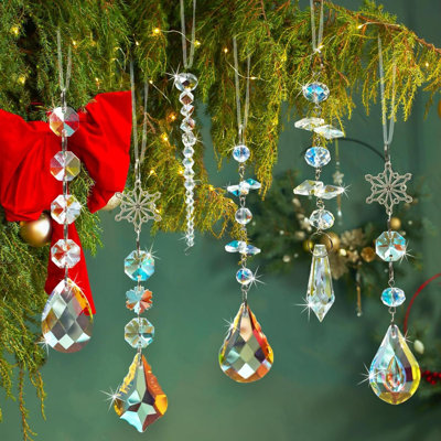 Christmas Crystal Prism Ornaments For Christmas Tree - 6Pcs Iridescent Teardrop Crystal Glass Sun Catcher For Christmas Decorations Indoor Tree Birthday Party Décor