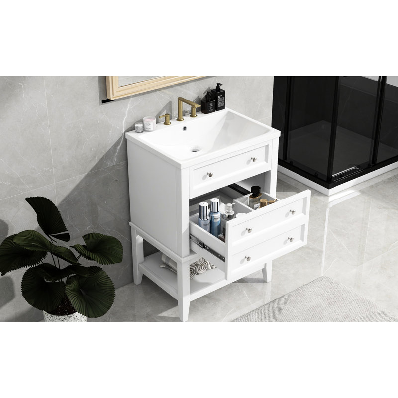 Meuble-lavabo de 24 po - bois massif, bois rafraîchissant moderne et céramique