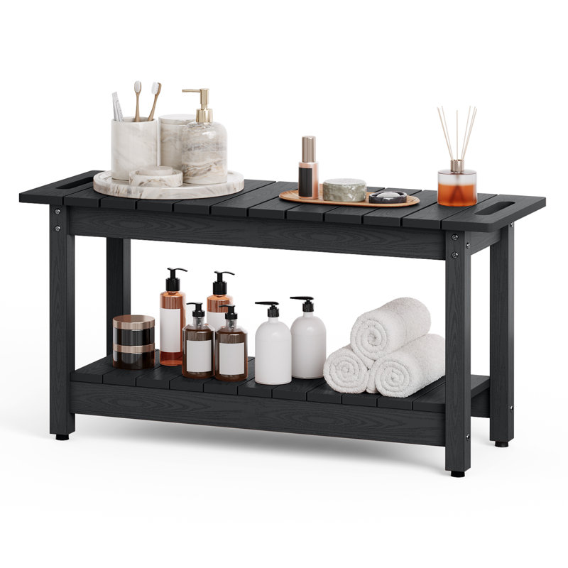 35.5" Shower Bench, HIPS Shower Stool with Shelf, Shower Seat 400 Lbs Capacity, Indoor & Outdoor Multi-Functional for Bathroom, Entryway, Garden, Black