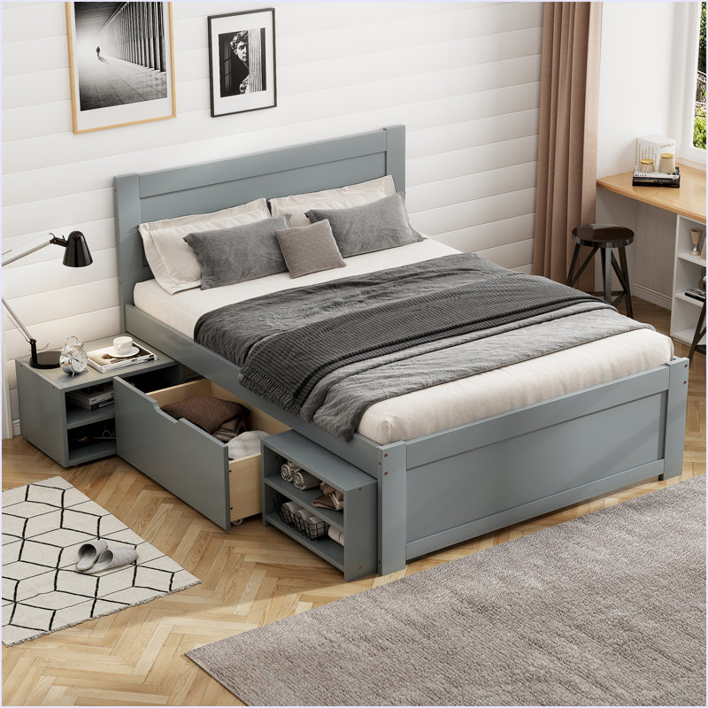 Lit plateforme simple avec tiroir et deux tablettes, Gris