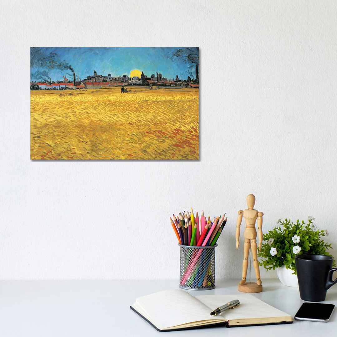 Sunset: Wheat Fields Near Arles by Vincent Van Gogh - Wrapped Canvas Painting