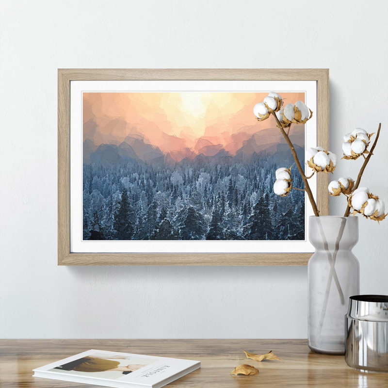 Sun High over Winter a Forest in Abstract - Picture Frame Graphic Art Print on MDF, 27cm H x 36cm W x 2cm D, Oak Framed