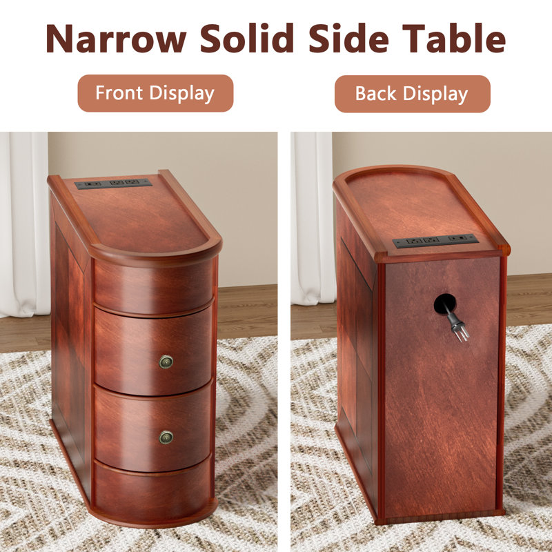 Solid Wood End Table With Charging Station, 2-Drawer Cherry Red, 1