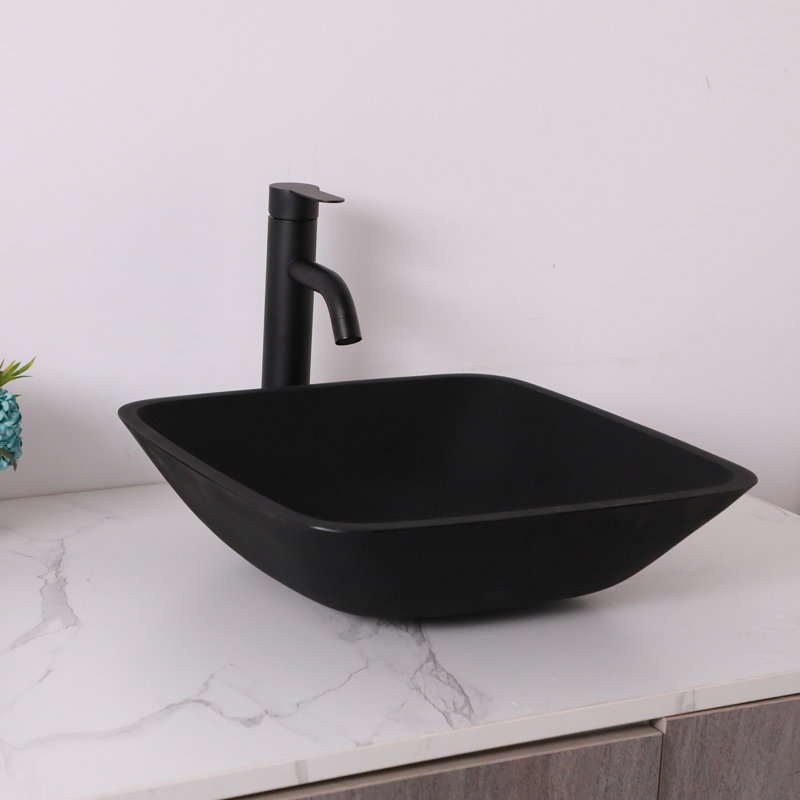 Lavabo de salle de bain en verre noir 16 po Lofeyo, lavabo vasque carré en verre trempé avec robinet et bonde escamotable, noir pur