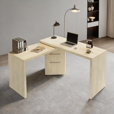 Bureau de direction en L de 90 pouces aux tons naturels avec bureau en bois rotatif à 360 degrés et 3 tiroirs