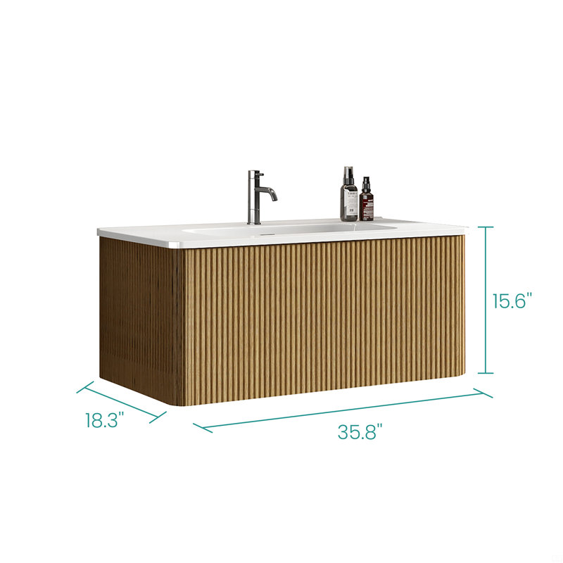 Meuble-lavabo rayé 36 po avec lavabo en céramique blanc, meuble-lavabo mural flottant