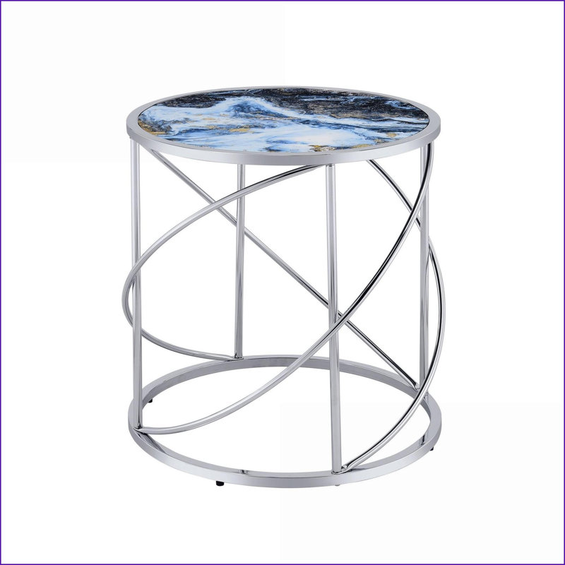 Table basse ronde en verre bleu marbré avec base en métal chromé complexe - facile à nettoyer et amp; Stable pour le salon