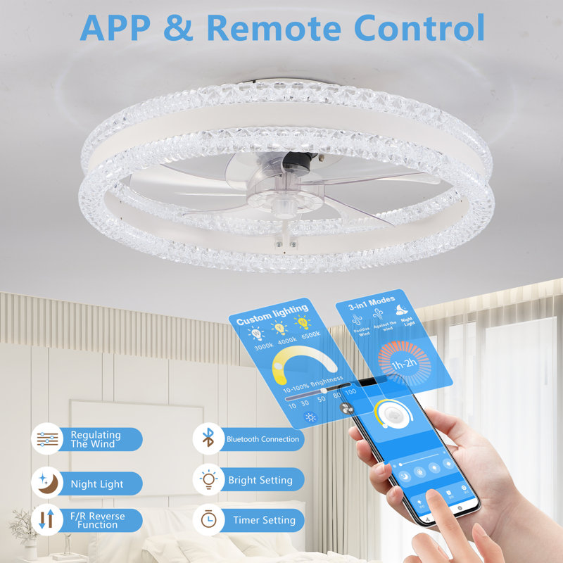 Ventilateur de plafond à DEL à double anneau de luxe 20 po avec lumière - Design encastré moderne, pales cachées, éclairage à intensité variable et télécommande, ventilateur silencieux à profil bas pour chambre à coucher, salon (blanc)