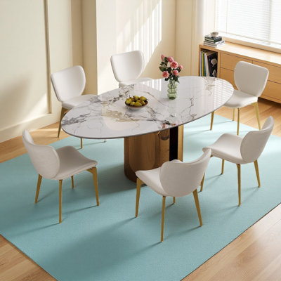 Ensemble de table de salle à manger 70,9 pouces ovale avec 6 chaises - Base en acier inoxydable cuivré, résistant aux rayures / à la chaleur, robuste et élégant pour la cuisine, la salle à manger et le salon