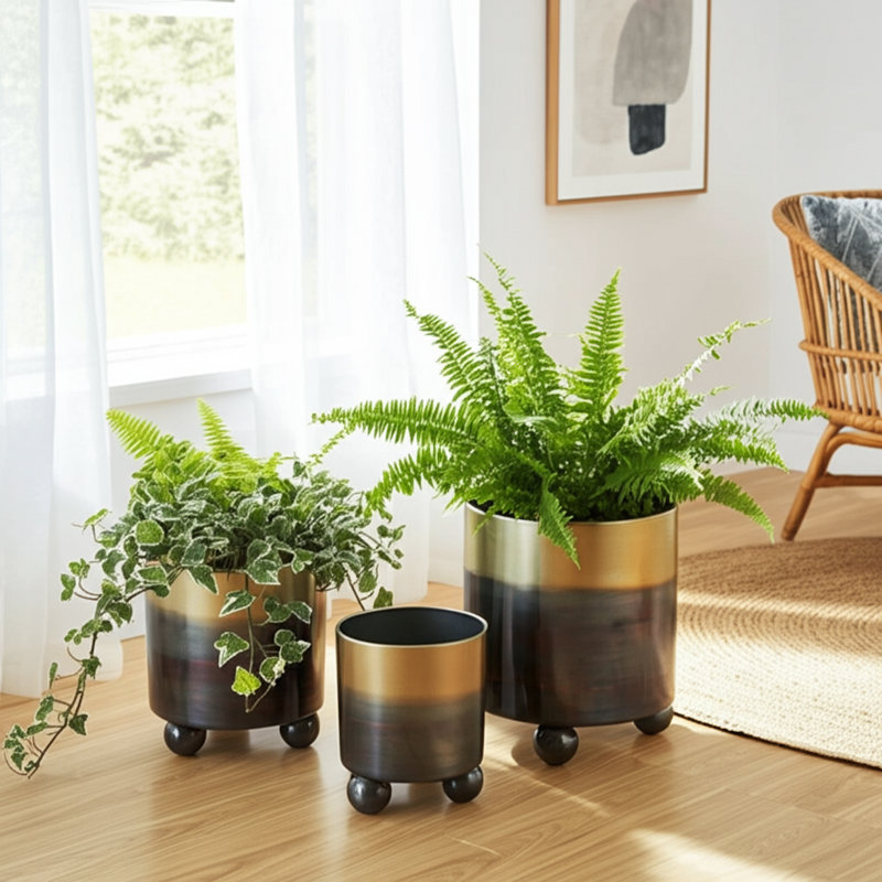 Modern Metal Planters With Spherical Legs And Sleek Dual-Tone Design, Decorative Accent Containers - Set Of 3, Gold/Black