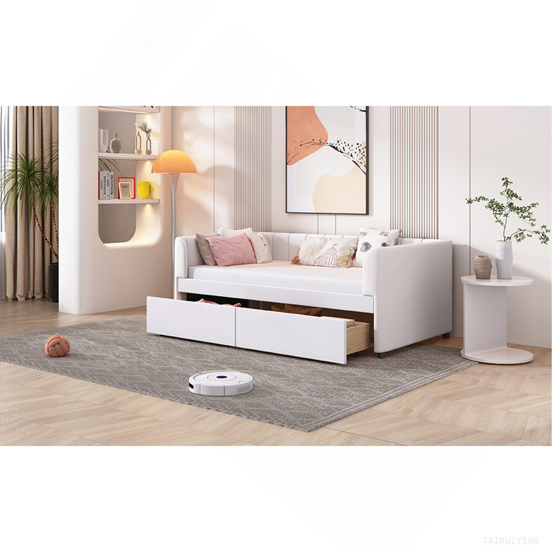 Upholstered Daybed With Ergonomic Design Backrest And 2 Drawers, Beige, Beige