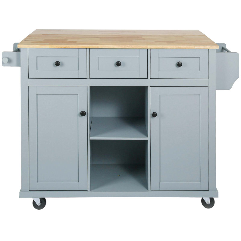 Kitchen Cart With Rubber Wood Drop-Leaf Countertop, Storage Cabinet, 3 Drawers & 5 Wheels, Perfect For Additional Prep Space And Organization