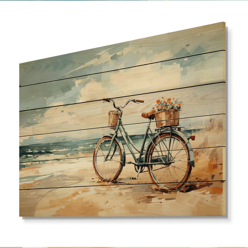 Sagan, bicyclette, pédalage tranquille près de la plage II sur bois, H 24 po x l 32 po x P 0,78 po