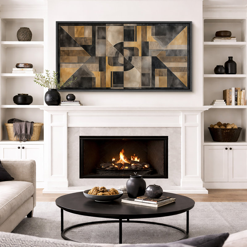 Impression sur toile encadrée géométrique or et gris anthracite, H 30 po x l 60 po, Noir