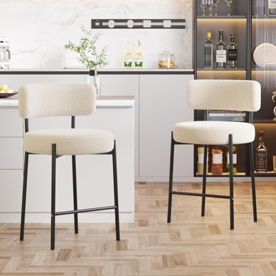 25" Upholstered Sherpa  Modern Boucle Counter Height Bar Stools with Curved Back and Black Metal Frame (Set of 2)