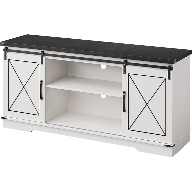 59 Inch TV Stand, Farmhouse Wood Entertainment Center with Sliding Barn Doors with Adjustable Shelves & Open Compartment