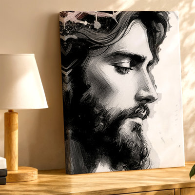 Black White Portrait Of Bearded Man With Thorn Crown Religious Canvas Wall Art Print, Black And White, Christian Religious, Animal Inspired Decorative Wall Decor For Living Room Bedroom Office
