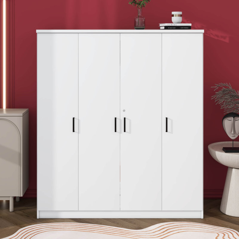 Armoire penderie 4 portes avec un tiroir et une tringle, Blanc