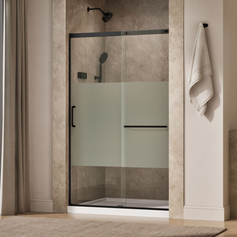 Elate Tall Sliding Shower Door, 75-1/2-In H X 50-1/4 - 53-5/8-In W, With Heavy 5/16-In Thick Crystal Clear Glass With Privacy Band