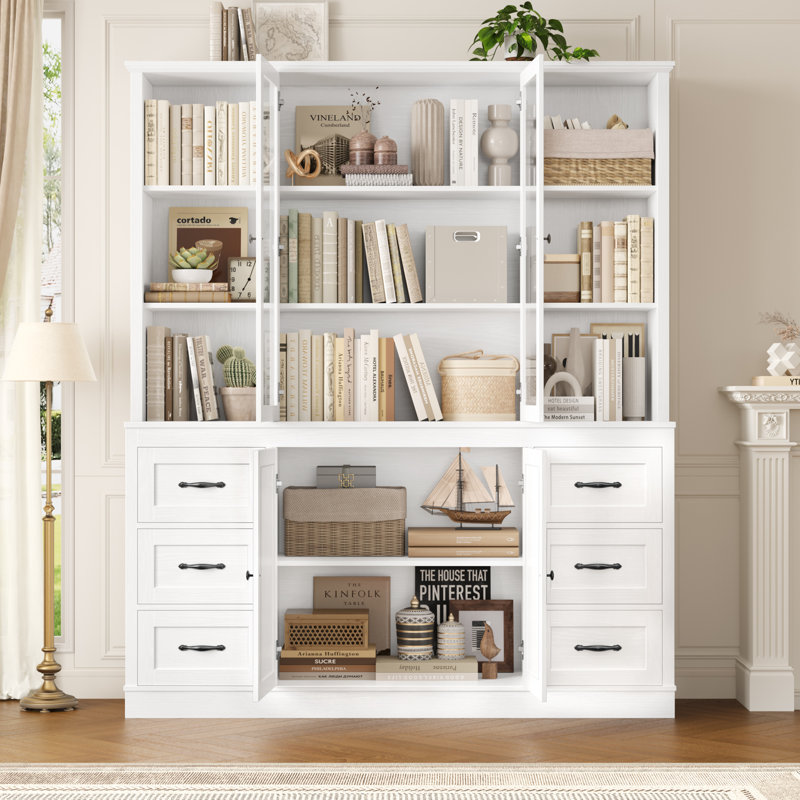 63" Wood Bookcase With Glass Doors & Drawers, White