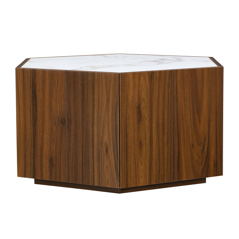 Almira Rustic Retro Wood Coffee Table With Marble Pattern Tops And Hidden Storage Drawers, White/Walnut