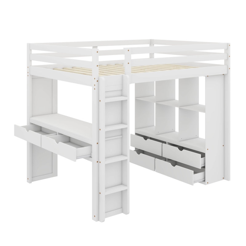  Angret Loft Bed With Large Shelves, Writing Desk And LED Light, Full, White