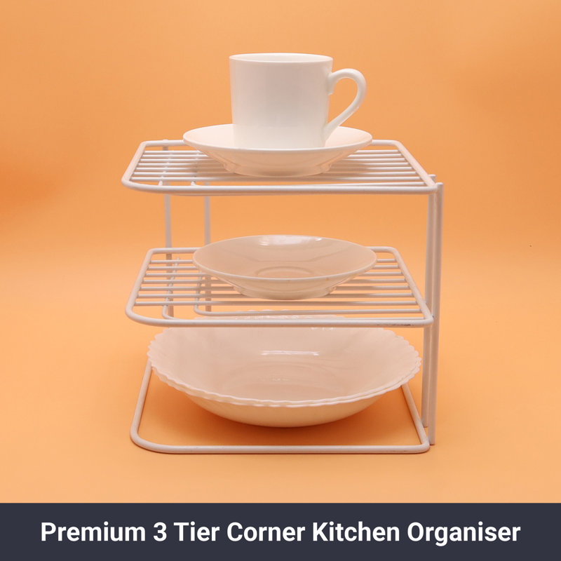 Buckingham 3 Tier Corner Plate Rack Kitchen Cupboard Tidy Storage Organiser 23 Cm, White